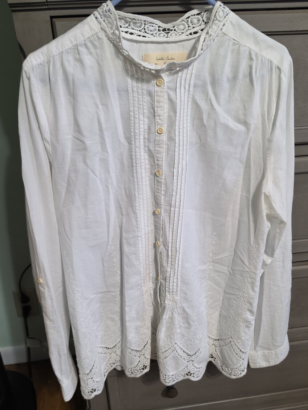 Lafayette 148 White Lace-Trim Pintuck Button-Front Blouse